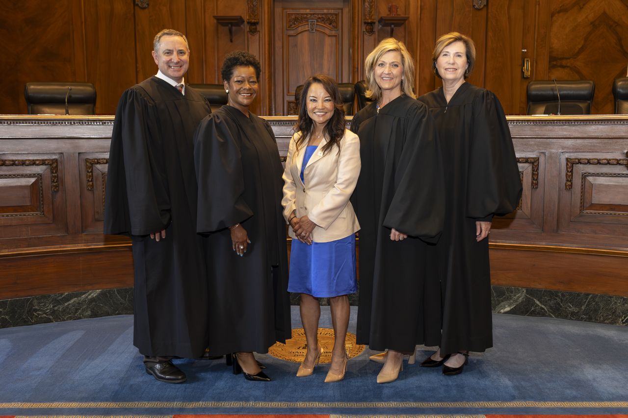 Left to right: Justice David K. Overstreet, Justice Lisa Holder White, ISBA President Sonni Choi Williams, Justice Mary K. O'Brien, and Justice Elizabeth M. Rochford