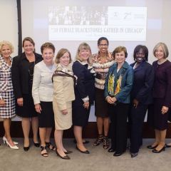Speakers and organizers of the event included (from left): Deane B. Brown, Justice Anne M. Burke, Judge Virginia Kendall, Justice Rita Garman, 7th Circuit Bar Association President Julie A. Bauer, ISBA President Paula H. Holderman, Justice Ann Claire Williams, Dean Nina Appel, Patricia Brown Holmes, Judge Diane Wood and Stephanie Scharf