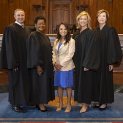 Left to right: Justice David K. Overstreet, Justice Lisa Holder White, ISBA President Sonni Choi Williams, Justice Mary K. O'Brien, and Justice Elizabeth M. Rochford